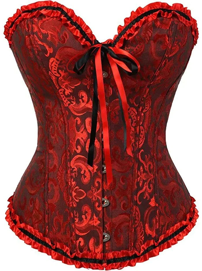 Women's Lacing Corset Top Satin Floral Boned Overbust Body Shaper Bustier