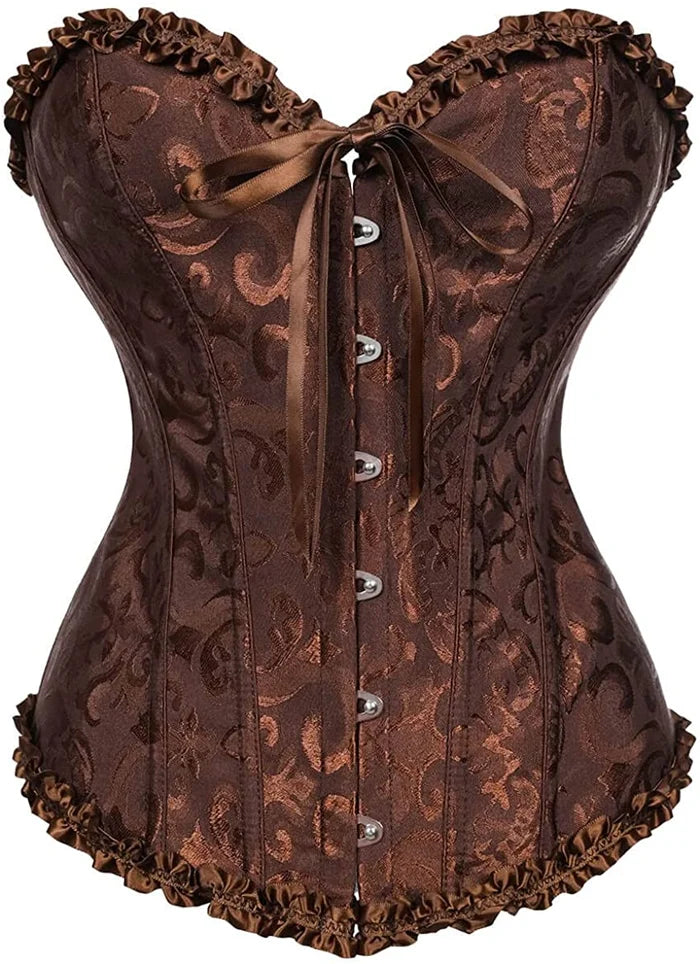 Women's Lacing Corset Top Satin Floral Boned Overbust Body Shaper Bustier