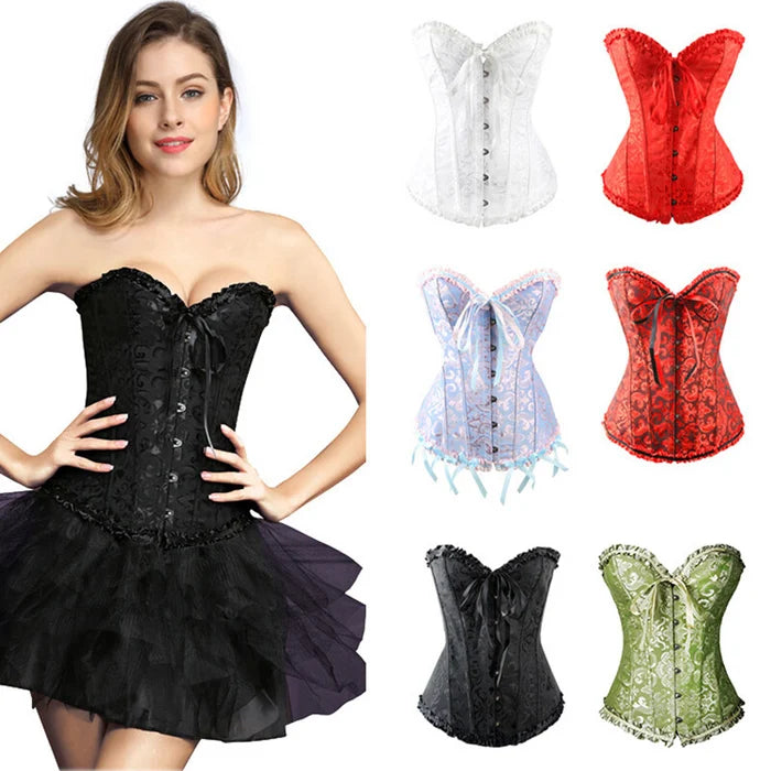 Women's Lacing Corset Top Satin Floral Boned Overbust Body Shaper Bustier