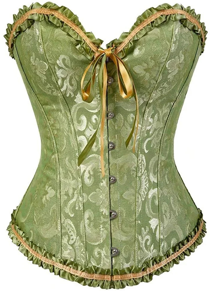 Women's Lacing Corset Top Satin Floral Boned Overbust Body Shaper Bustier