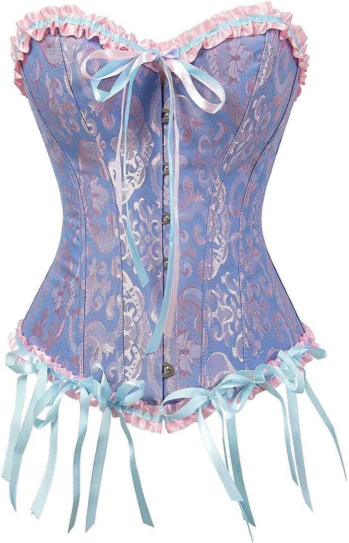 Women's Lacing Corset Top Satin Floral Boned Overbust Body Shaper Bustier